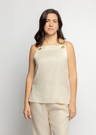 Sicily Metallic Linen Dazzling Square Neck Top | Khaki Gold