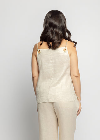 Sicily Metallic Linen Dazzling Square Neck Top | Khaki Gold