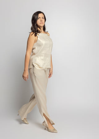 Sicily Metallic Linen Dazzling Square Neck Top | Khaki Gold