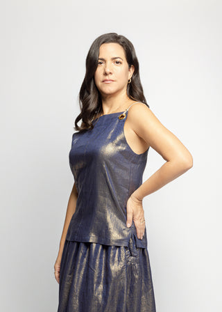 Sicily Metallic Linen Dazzling Square Neck Top | Navy Gold