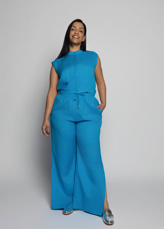 Salerno Linen Blend Pants And Top Set in Blue