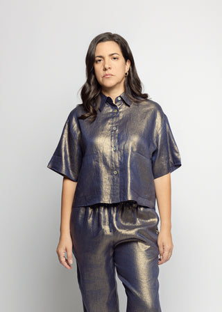 Sicily Metallic Linen Crop Shirt | Navy Gold