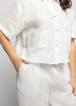 Sicily Metallic Linen Crop Shirt | White Silver