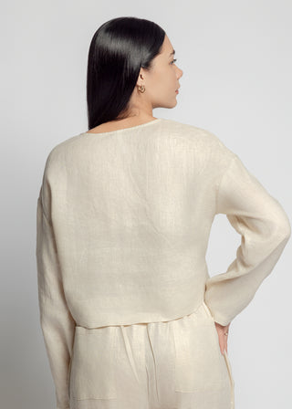 Sicily Metallic Linen Long Sleeve Crop Top | Khaki Gold