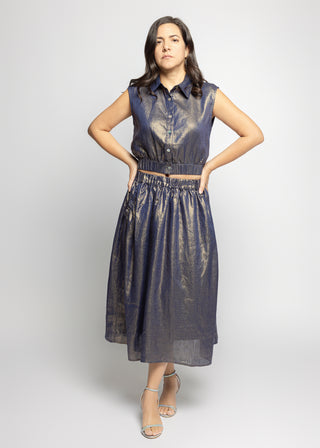 Sicily Metallic Linen Skirt | Navy Gold