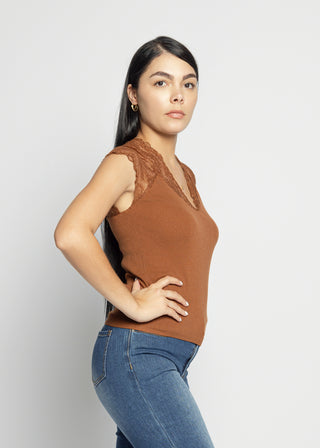 Lace Sleeves Knit Top | Brown