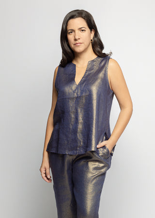 Sicily Metalic Linen Tank Top | Navy Gold